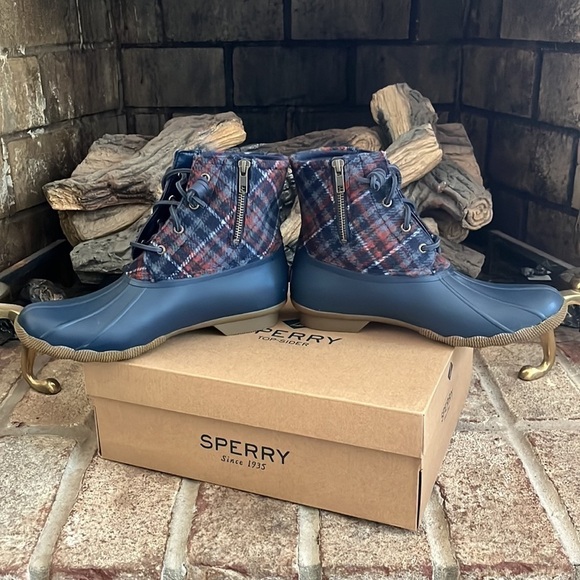 Brand New Sperry Saltwater Wool Plaid Duck Boot Waterproof Blue Winter Rain - Picture 13 of 15